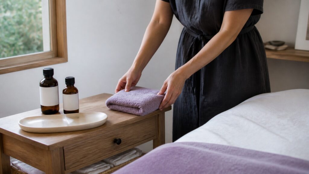 Therapist preparing lavender towels and massage oil before a private wellness session