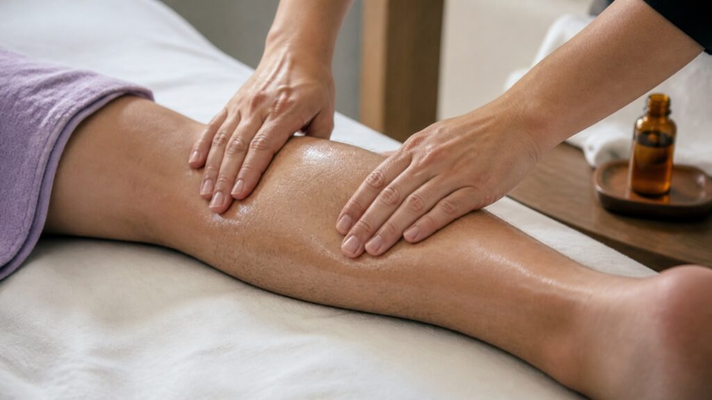 Gentle aroma lymphatic drainage on a man's lower leg in Fukuoka