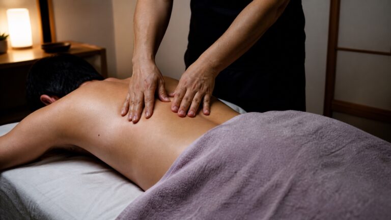 Respectful upper-back bodywork session in a private Fukuoka wellness salon