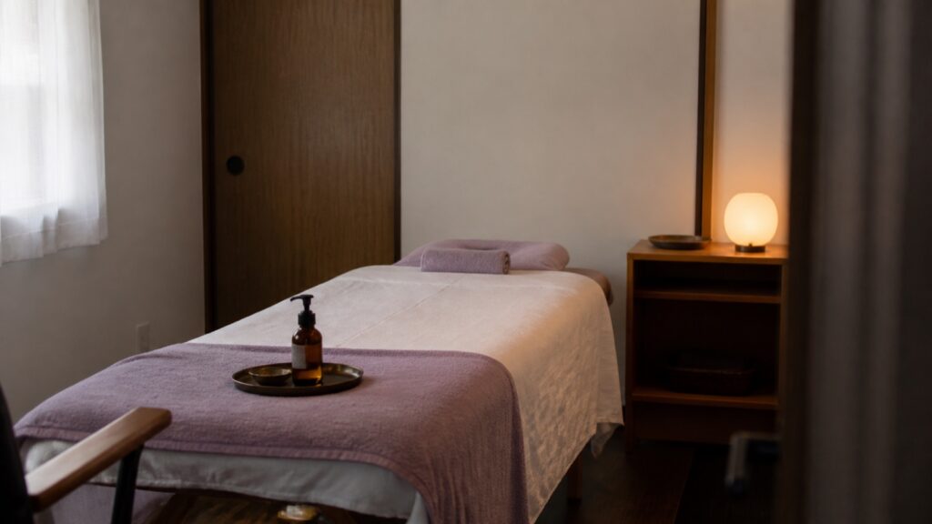Private men's wellness treatment room in a calm Fukuoka-inspired setting