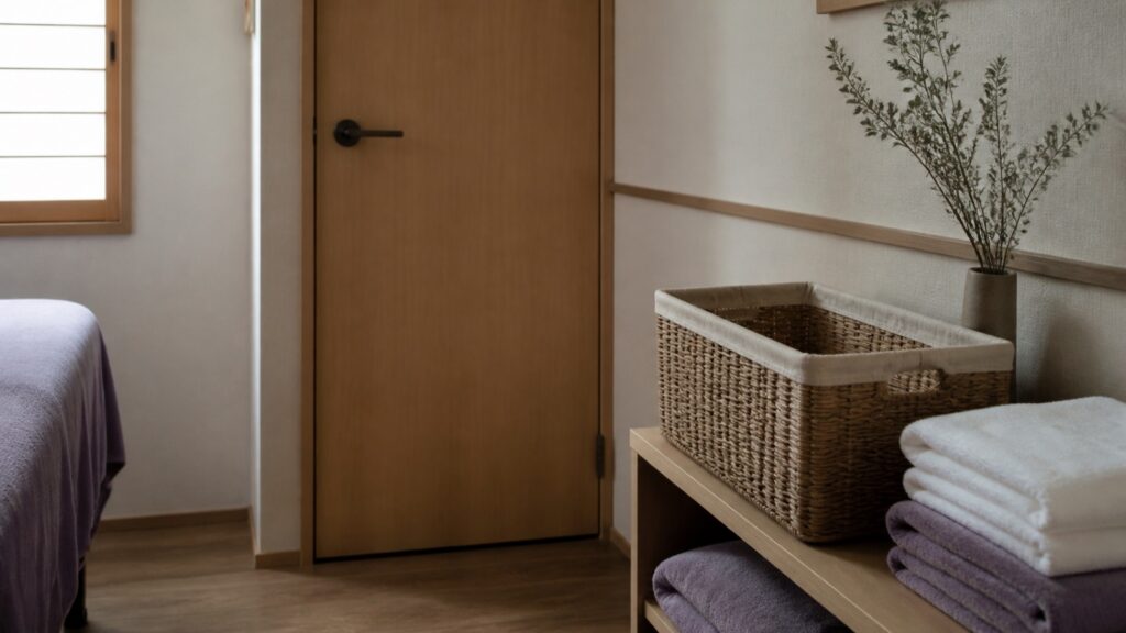 Private treatment room with a prepared personal-belongings basket